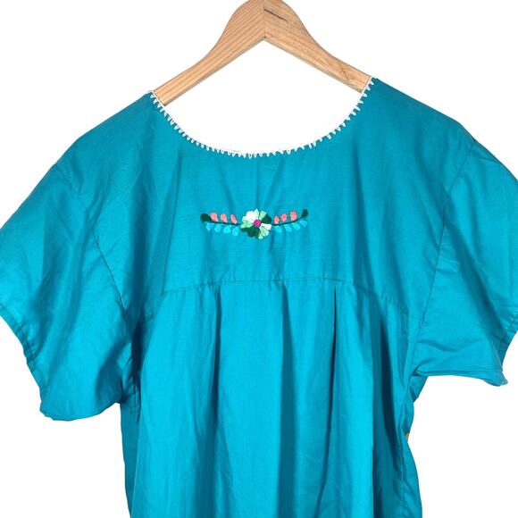 Vintage 1970’s Authentic Mexican Embroidered Aqua Blue Green Floral Smock Dress - Picture 5 of 7